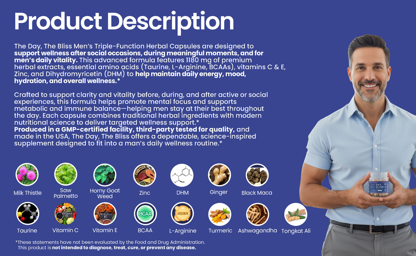 The Day, The Bliss for Men – Triple-Function Herbal Capsules | Supports Wellness After Social Occasions(Drinking - Hangover), Special Moments(Making love), and Men’s Vitality* 30 Capsules (15 Servings)