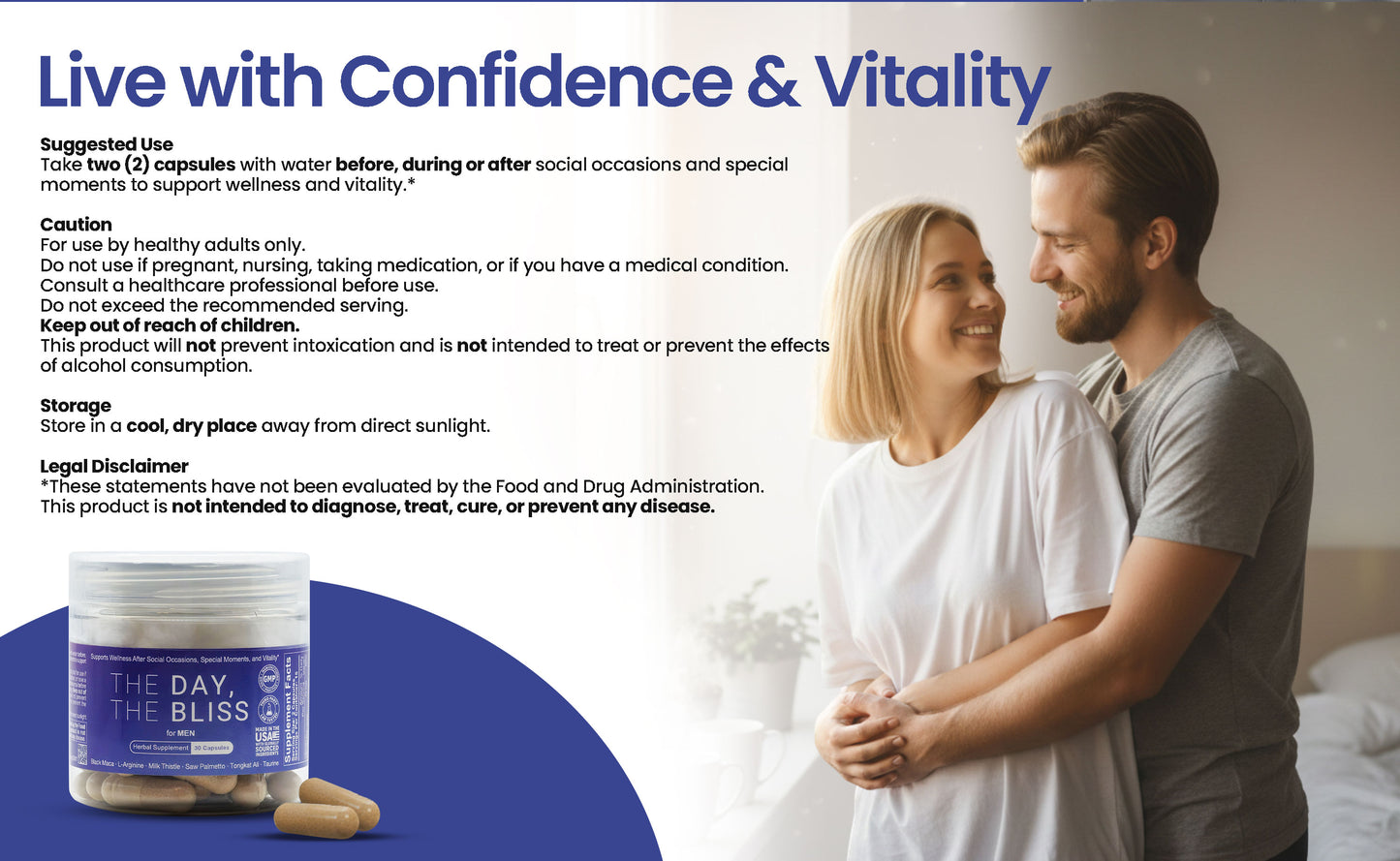 The Day, The Bliss for Men – Triple-Function Herbal Capsules | Supports Wellness After Social Occasions(Drinking - Hangover), Special Moments(Making love), and Men’s Vitality* 30 Capsules (15 Servings)