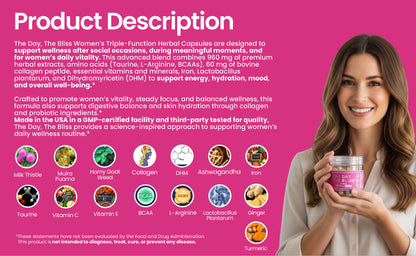 The Day, The Bliss for Women – Triple-Function Herbal Capsules | Supports Wellness After Social Occasions(Drinking - Hangover), Special Moments(Making love), and Women’s Vitality* 30 Capsules (15 Servings)